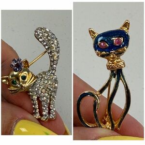 Vintage Cat Lady Brooch Pin Lot Kitsch MCM Cats Rhinestone Enamel Gold Tone